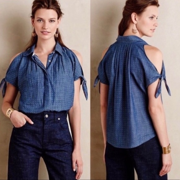 ❤️NWT Anthropologie Holding Horses Denim Polka Dot Shirt 4❤️ - Picture 2 of 11